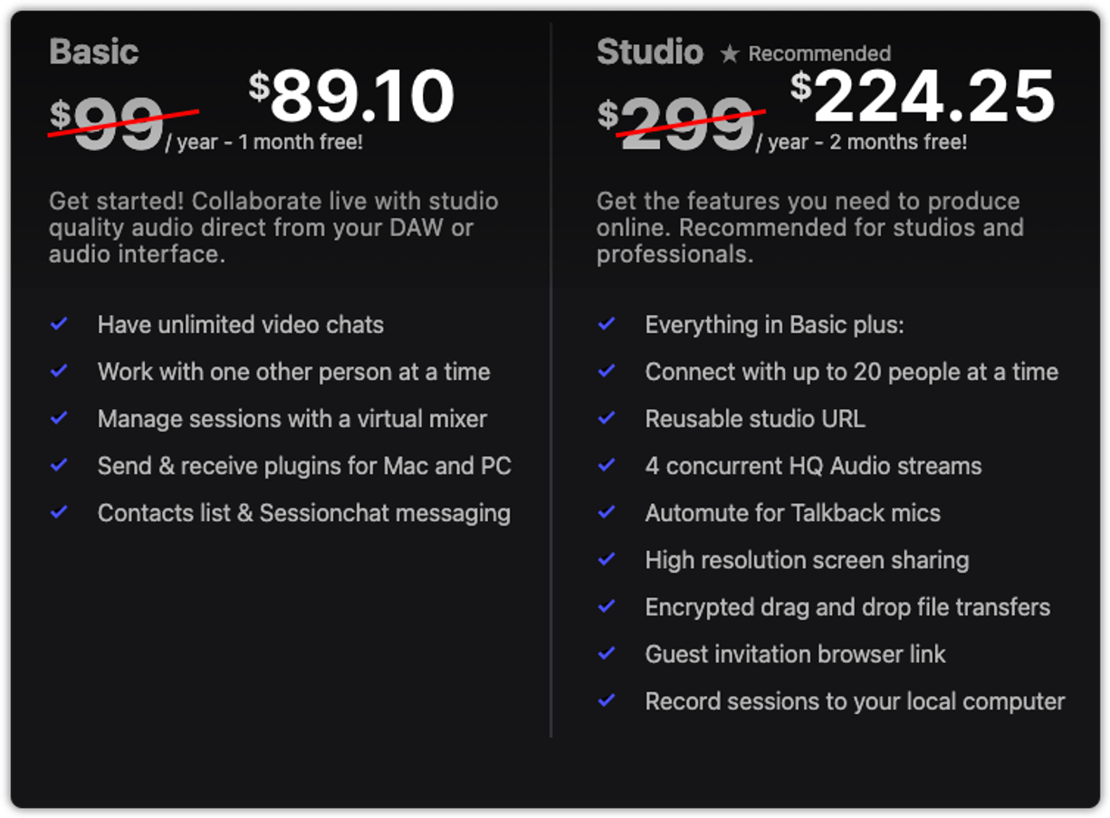 Sessionwire pricing table